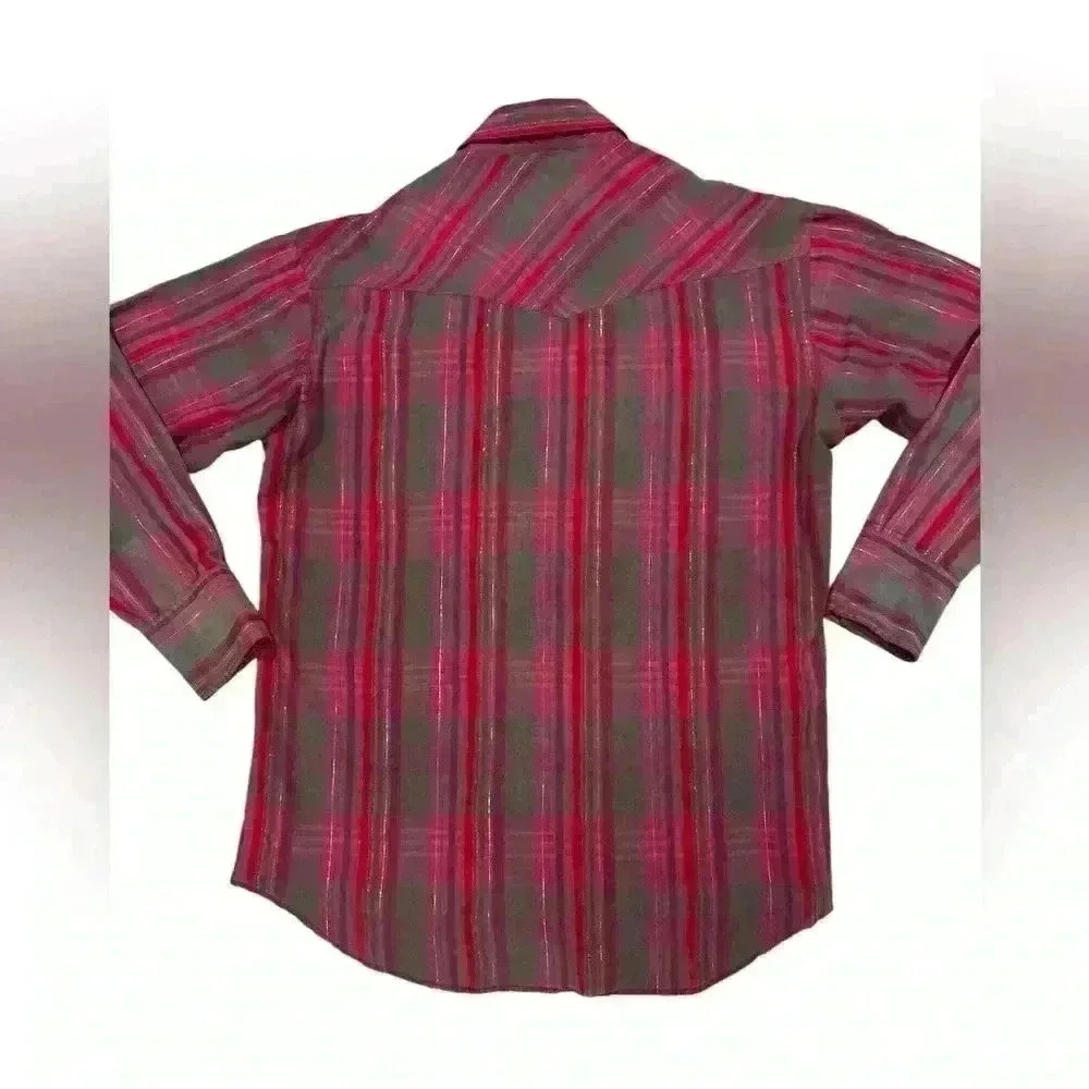 Wrangler Pearl Snap Gold Red & Green Striped Shirt Men’s 15 1/2-34 X-Long Tails - Picture 2 of 6